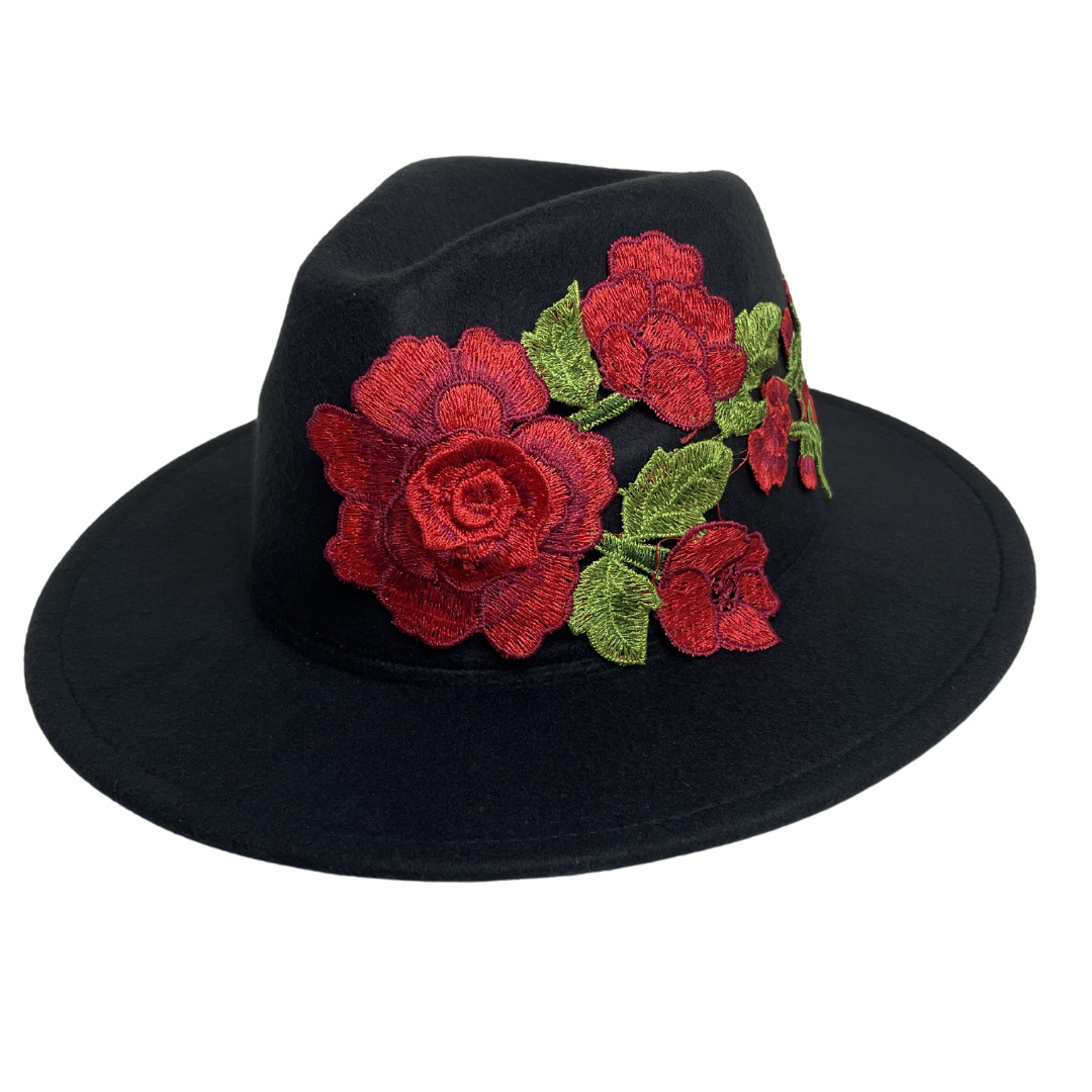 新款亚马逊速卖通temu爆款玫瑰花刺绣毛呢黑色牛仔帽民族风牛仔帽