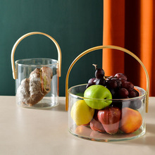 手提篮玻璃水果茶篮玻璃桶沙拉碗零食干果盘网红果盘玻璃冰桶批发