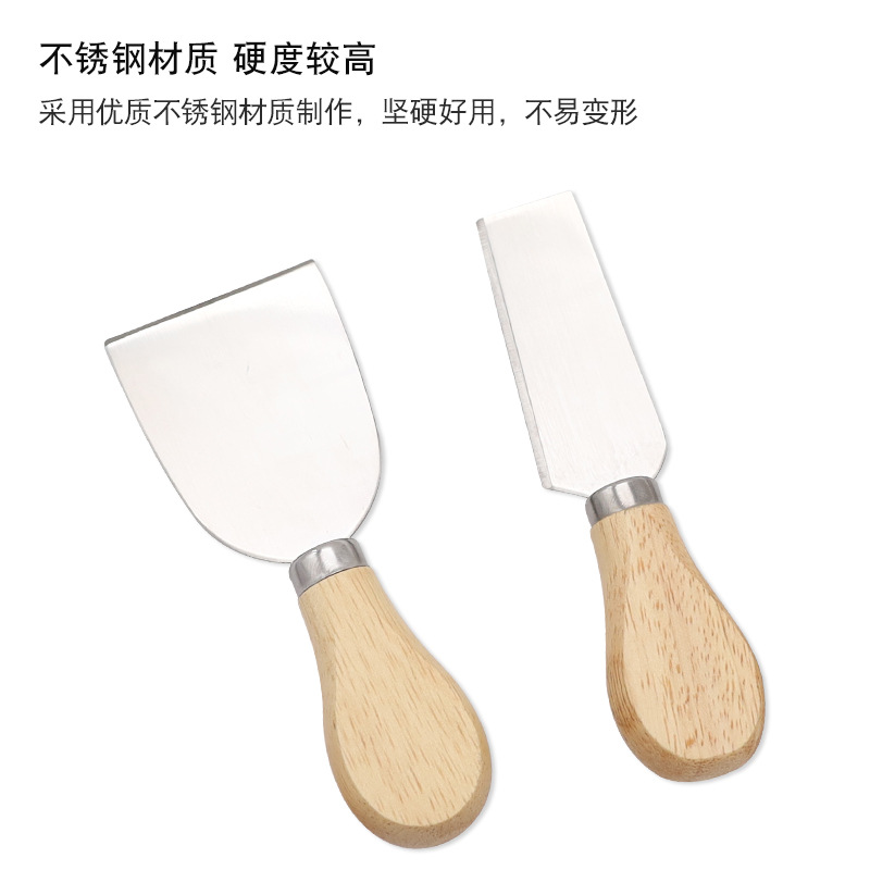 Cross-Border Hot Selling Oak Handle Cheese Butter Scraper Cream Cheese Stainless Steel Knife and Forks Cake Shovel Pizza Tools