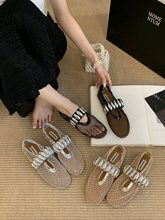 韩版圆头网纱镂空金属扣平底单鞋女2025年新款春夏透气一字带瓢鞋
