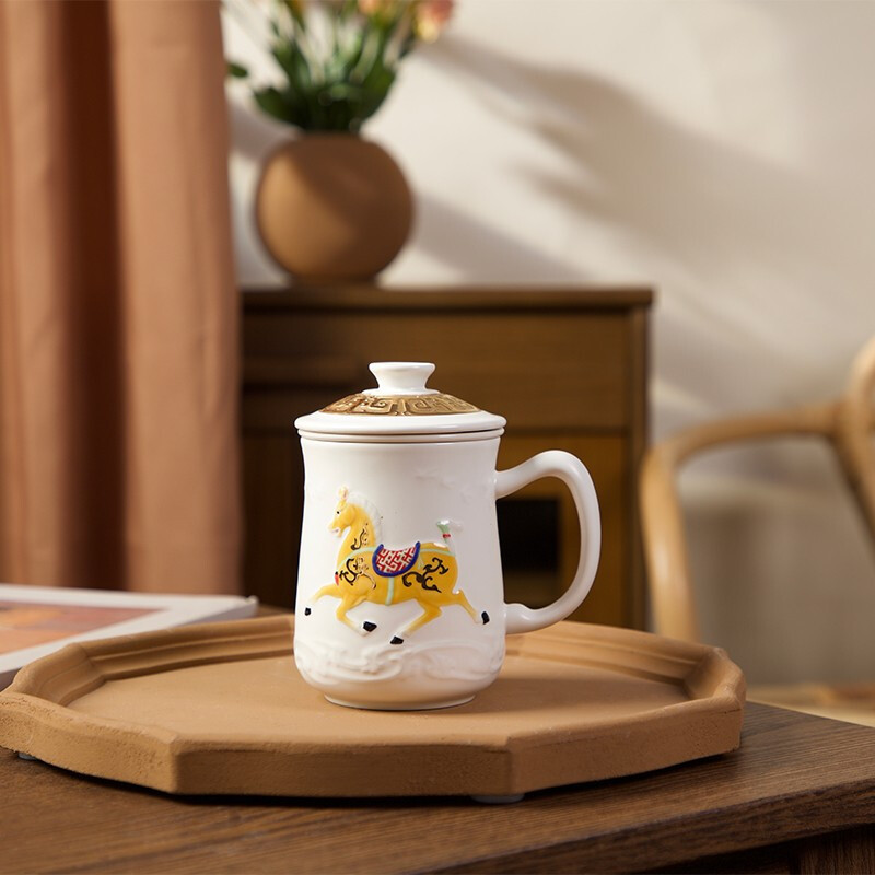 乾唐轩盛世宝马三件杯活瓷水杯简约时尚陶瓷马克杯礼盒装送长辈