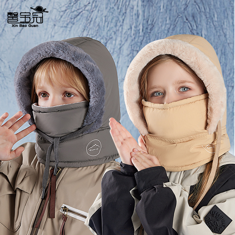 children‘s hat winter fleece-lined neck protection scarf mask integrated sleeve cap boys and girls outdoor keep warm ushanka