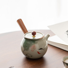 新中式手绘荷花陶瓷泡茶壶功夫茶具家用小号哥窑冰裂纹侧把壶单壶