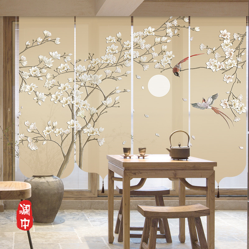 批发新中式透明卷帘窗帘屏风帘隔断帘挂式升降遮光帘子软隔断玄关