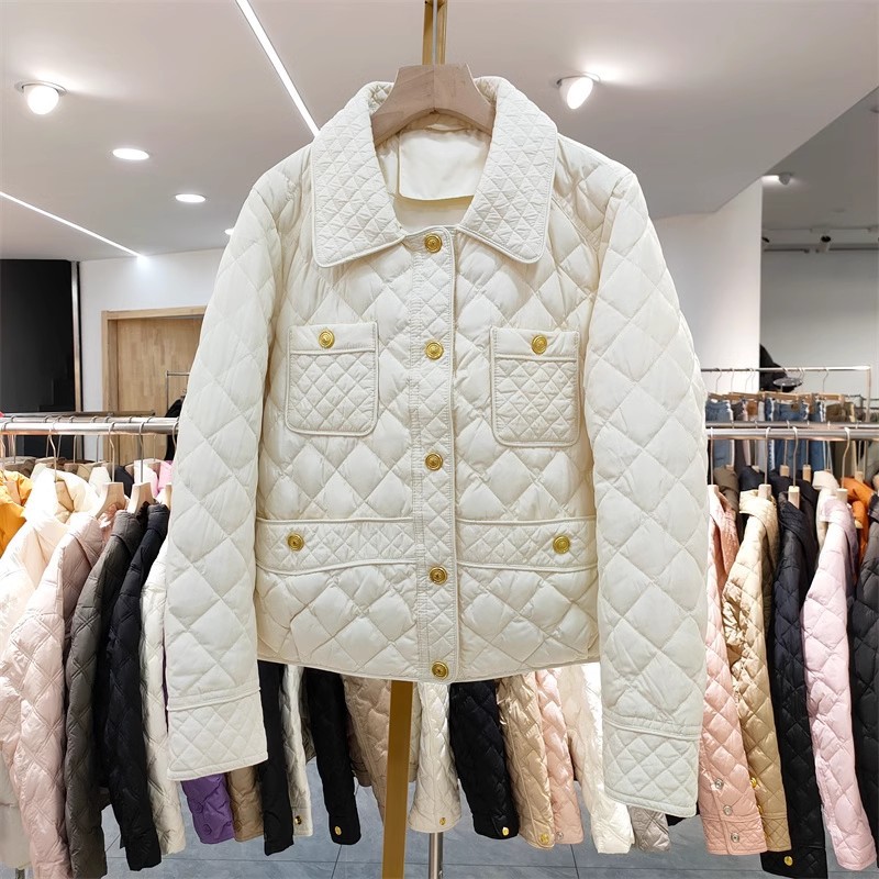 跨境小香风轻薄菱格短款羽绒服冬新款小金扣女韩版白鸭绒修身外套