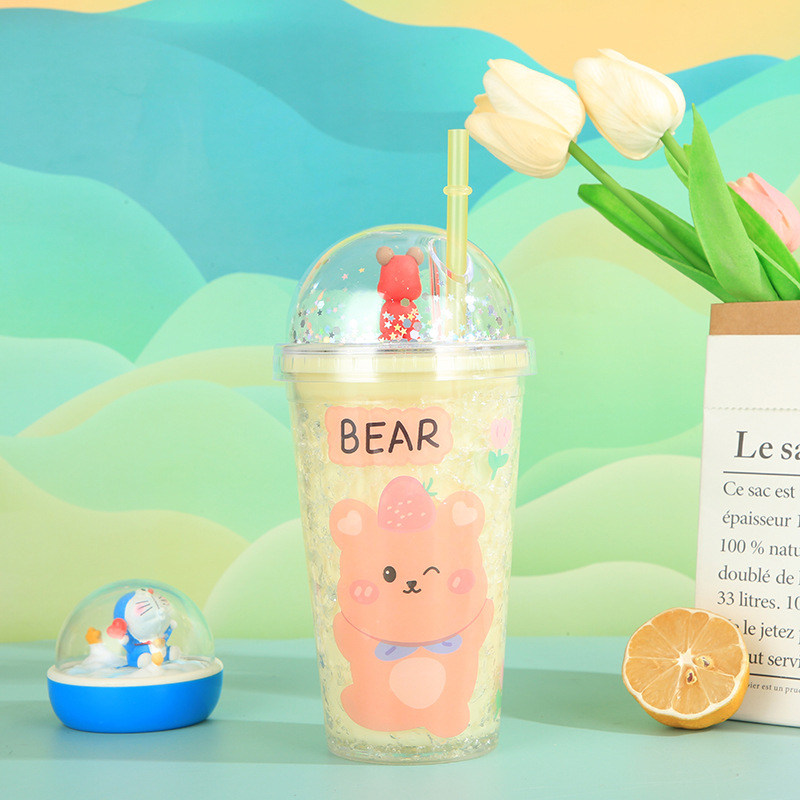 New Creative Bear Double Plastic Straw Cup Good-looking Cartoon Student Summer Ice Cup Cute Children's Water Cup