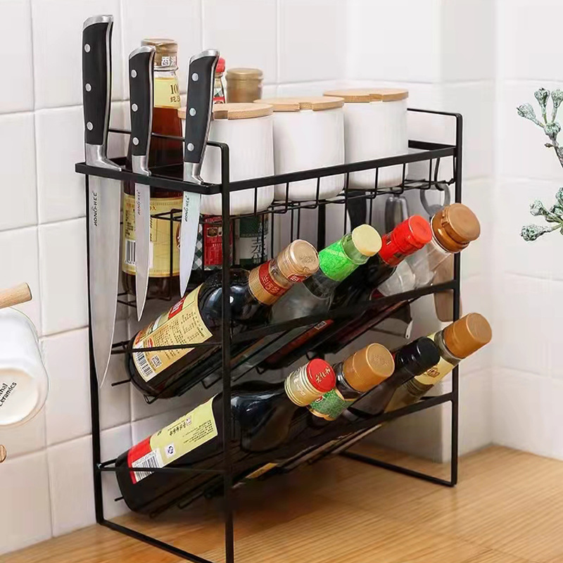 Storage Rack Kitchen Floor Knife Rack Multi-Layer Space-Saving Kitchenware Storage Seasoning Seasoning Soy Frame Black Flavor