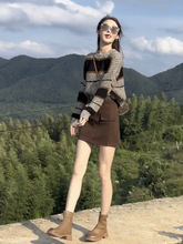 2023秋冬季新款慵懒风气质撞色宽松毛衣女搭显瘦半身裙两件套套装