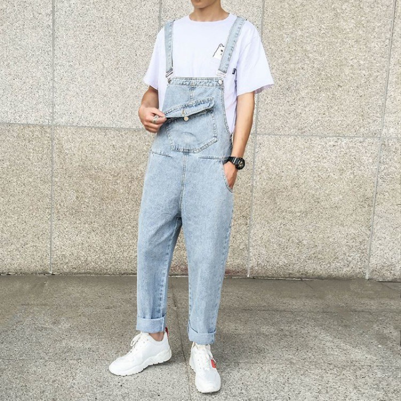 牛仔背带裤男生韩版宽松大码潮流男女学生情侣装九分休闲吊带裤子