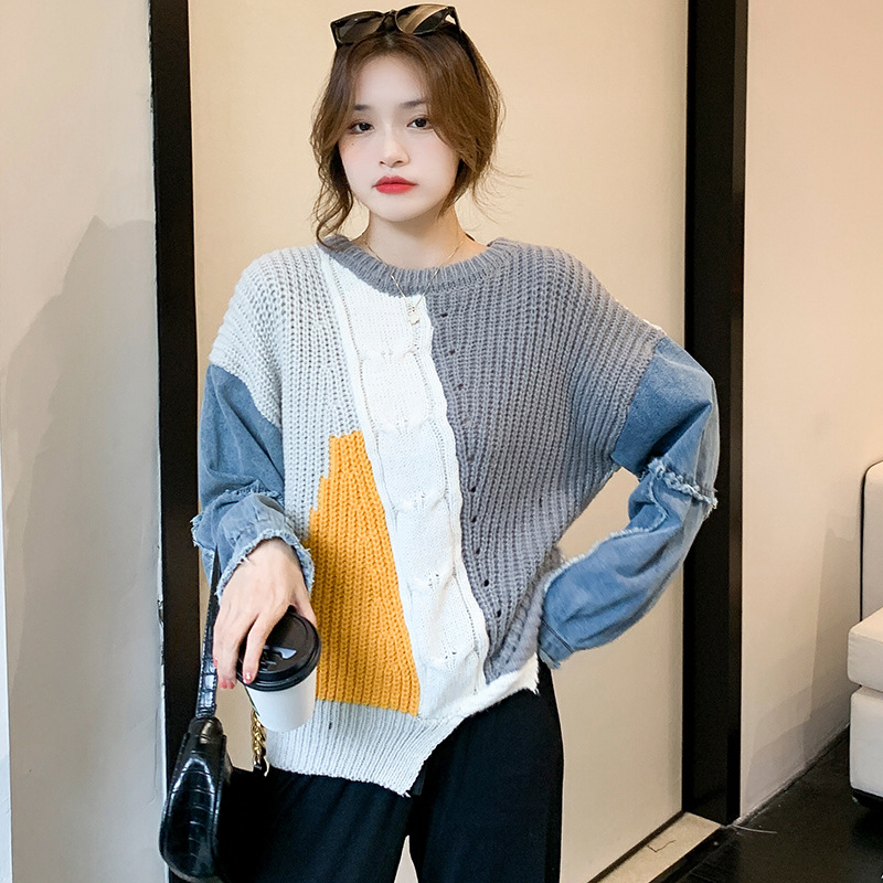 现货牛仔袖子拼接毛衣女2021秋冬新款宽松慵懒风设计感时尚上衣