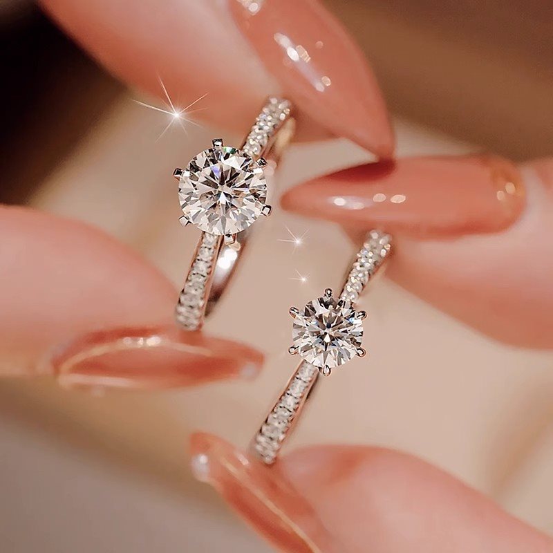 s925纯银莫桑石钻戒六爪结婚求婚仿真钻石戒指开口可调节2024新款