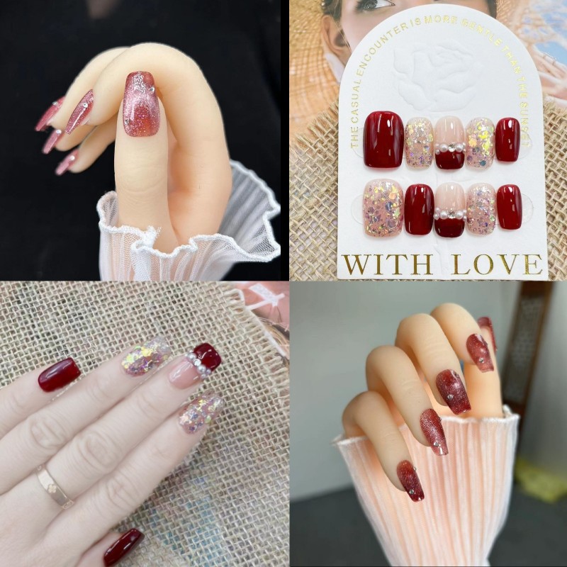 纯兰迪纯手工穿戴甲美甲酒红色猫眼亮片轻奢婚礼手穿戴指甲片指甲