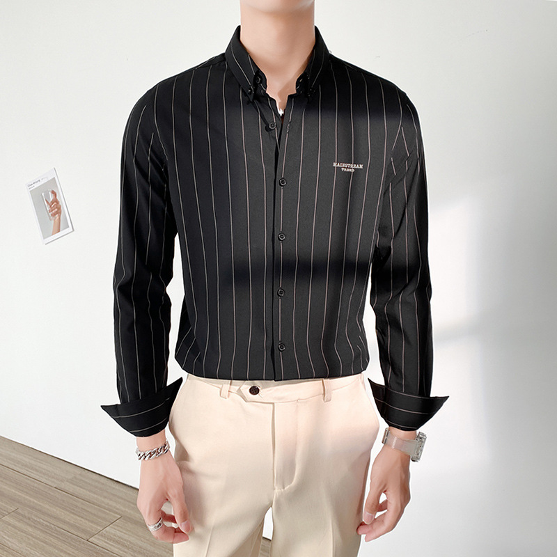 条纹衬衫男士长袖2021新款轻奢免烫商务休闲绣花黑色寸衫男衬衣