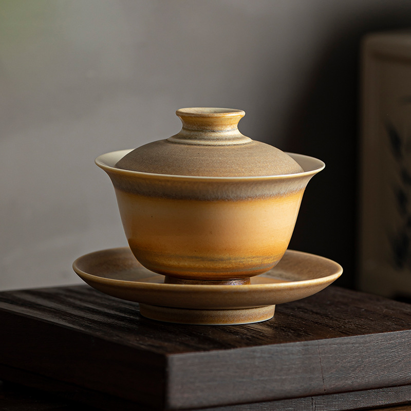 草木祠 台湾盐烧黄釉复古盖碗 陶瓷三才碗泡茶碗敬茶碗功夫茶具