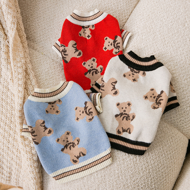 Autumn and Winter Puppy Dog Full Printed Cute Bear Sweater Cat Two-Leg Cardigan Small and Medium-Sized Dogs Teddy Pet Clothes