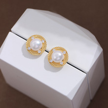 纽扣编织纹珍珠锆石耳钉简约百搭小众设计感耳饰女925银针新款