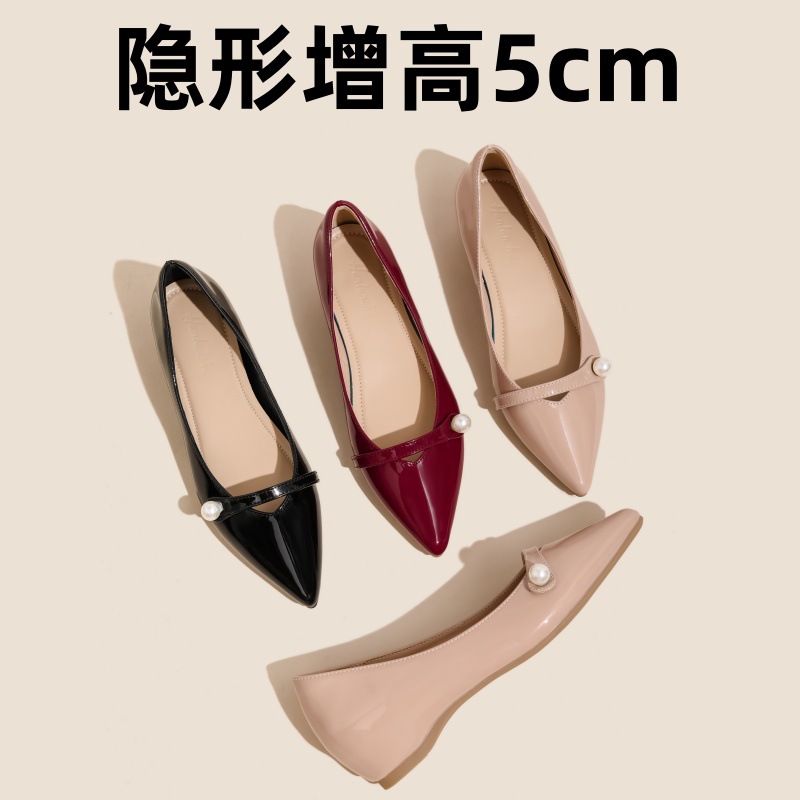小个子内增高单鞋2024新款春夏珍珠尖头浅口漆皮小码3233法式女鞋