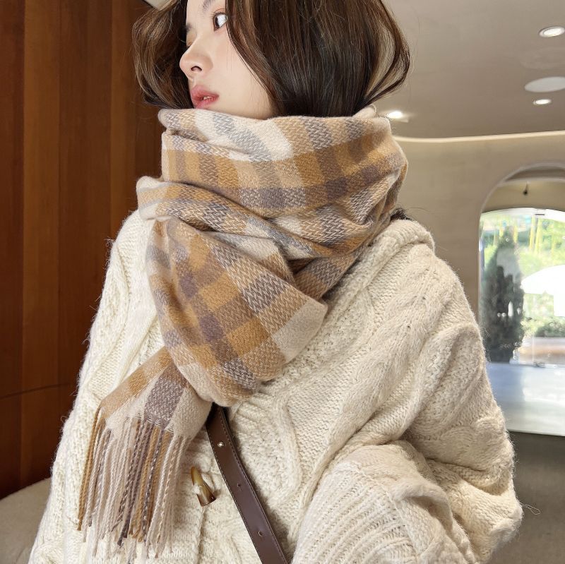 2023 New Thickened Scarf Korean Sweet Warm Artificial Cashmere Scarf Plaid Shawl Scarf Female Factory Wholesale