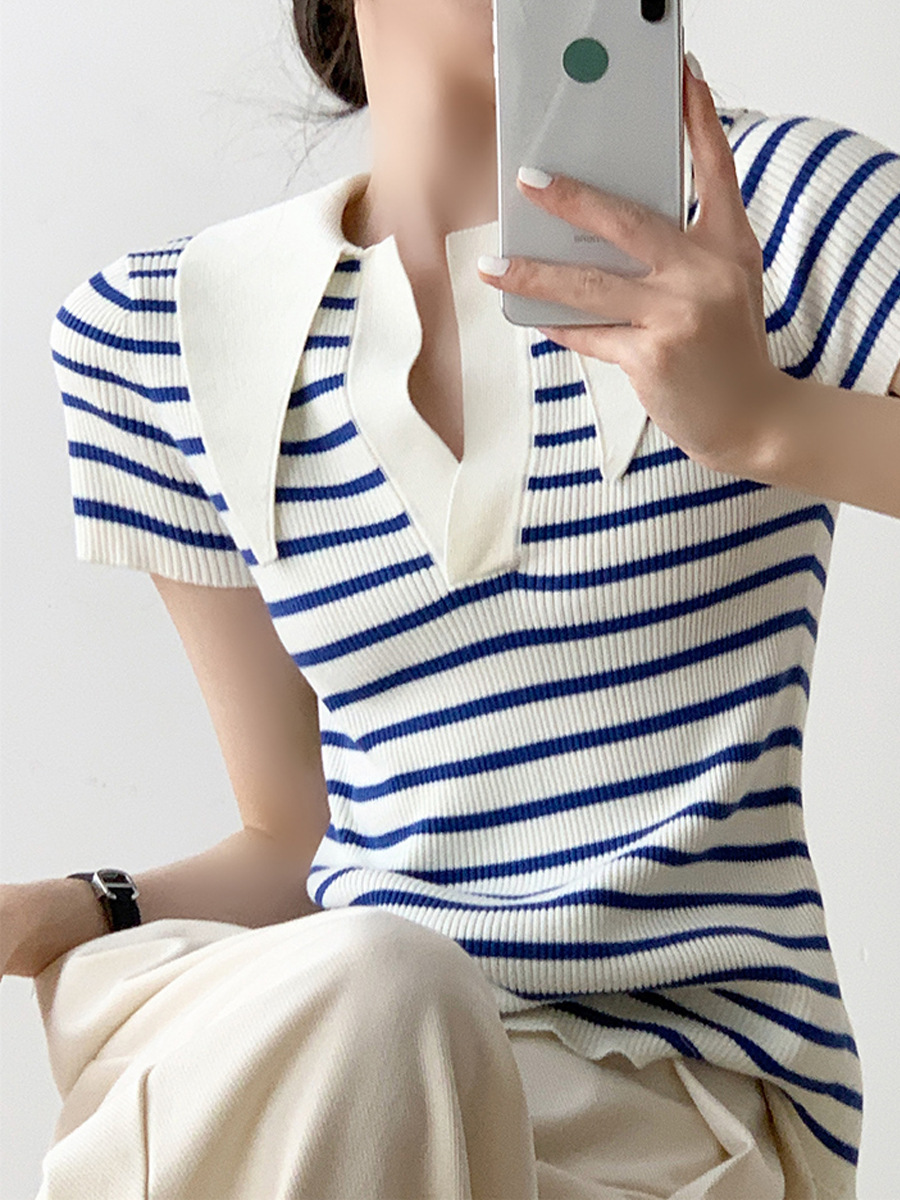 French Style Blue Striped T-shirt Women's Clothing 2023 Summer New Lace Backless Ice Silk Short Sleeve Top Fashion