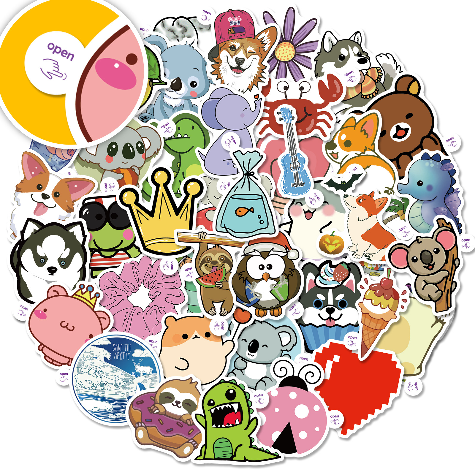 50张小耳朵冰淇淋涂鸦小动物可爱混搭sticker儿童行李箱手机贴纸