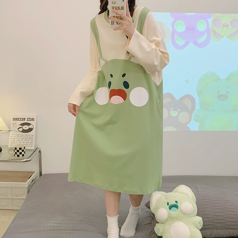 New Cotton Pajamas Women's Long-Sleeved Casual Simple Pullover Nightdress Korean Style Student Sweet Cute Cartoon Homewear