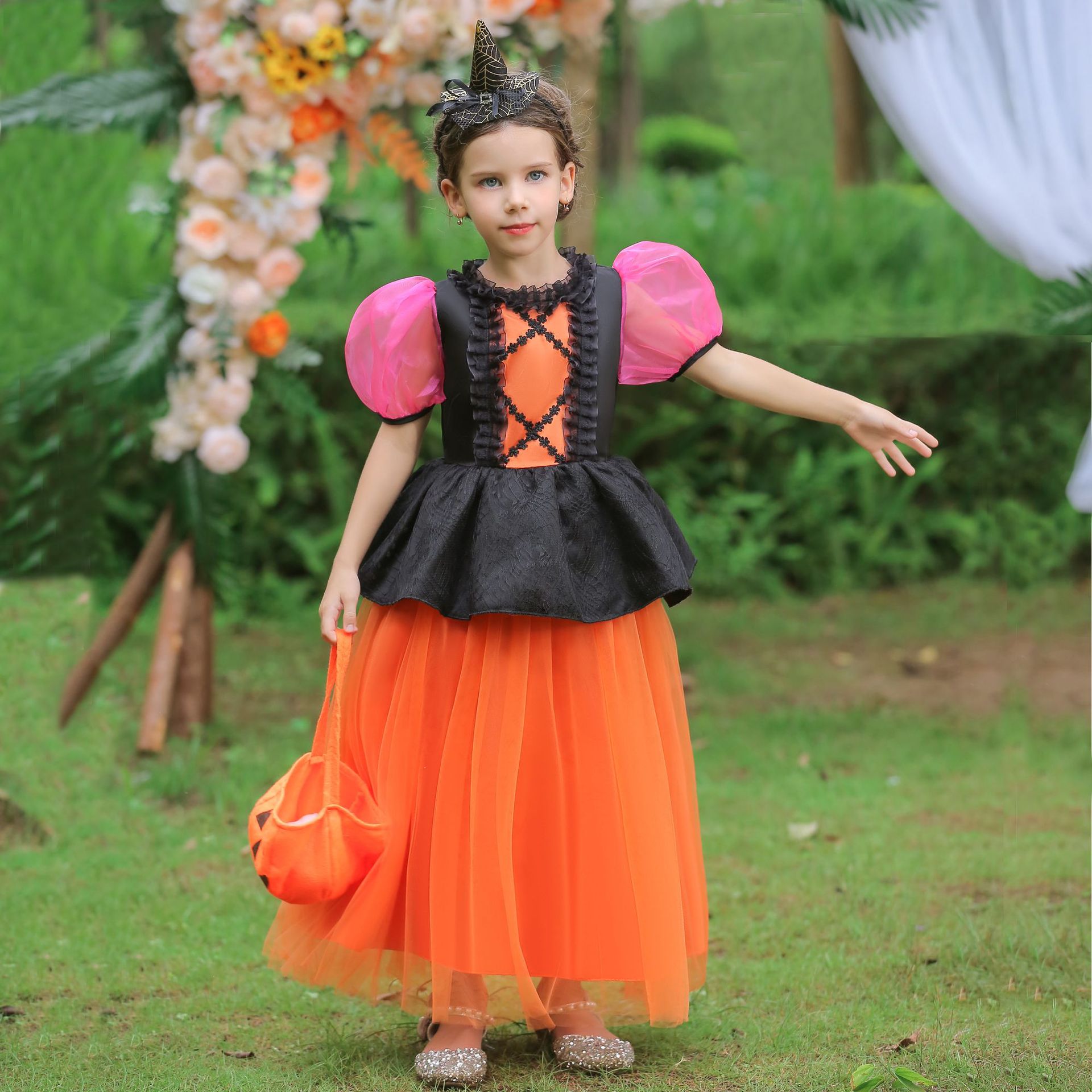 欧美万圣节儿童吸血鬼长款公主裙礼服女童恐怖cosplay南瓜演出服