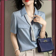 系带设计夏装韩版新品时尚休闲V型设计感衬衣宽松气质女式衬衫潮
