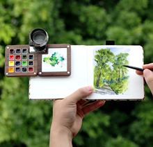 迷你便携带水彩旅行写生随身胡桃木盒画画板颜料套装手帐本15色小