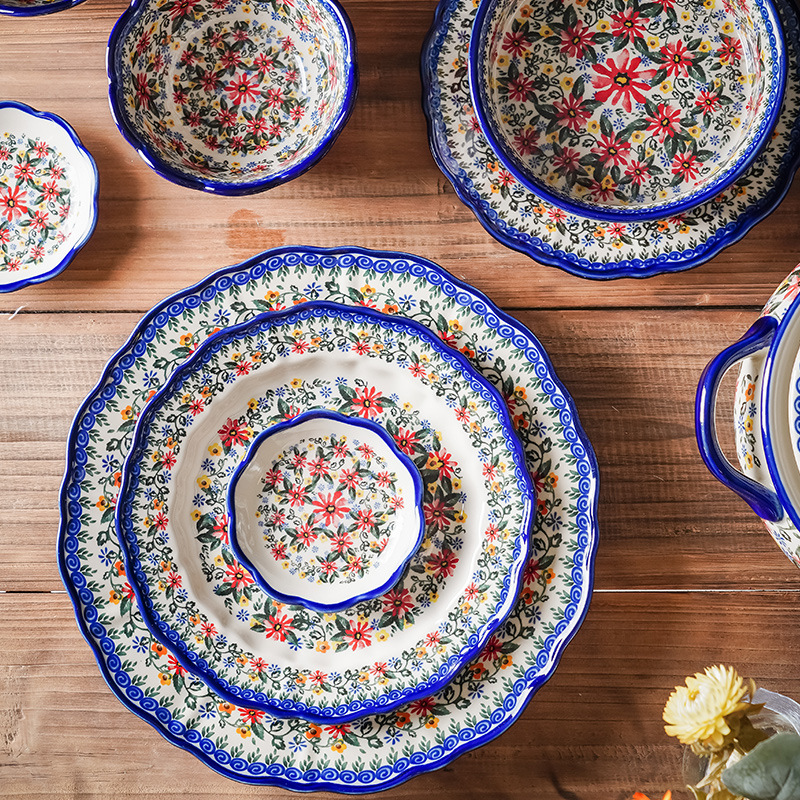 波兰民族风餐具家用双耳大汤碗外贸盘碗碟泡面碗邦成出口陶瓷套装