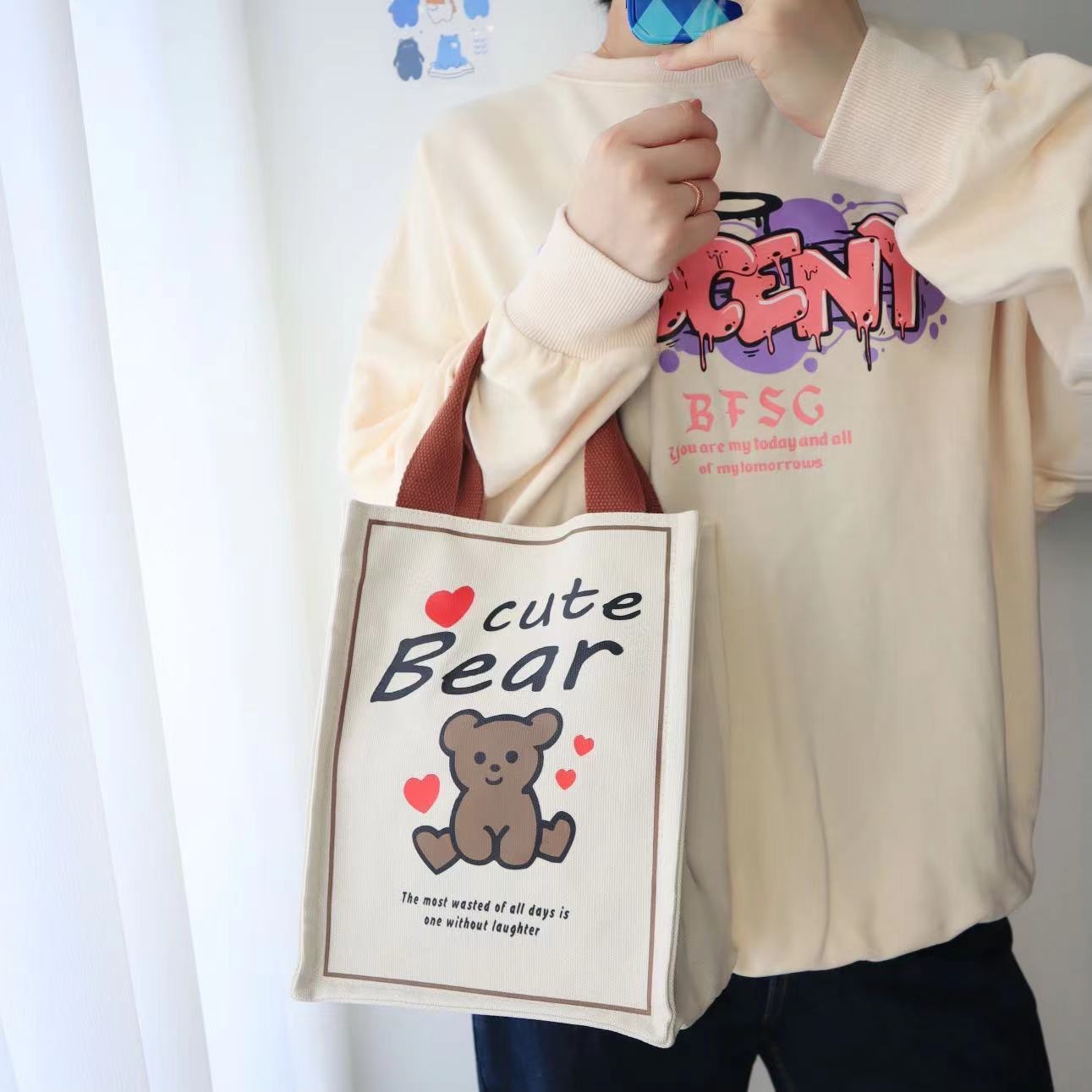 韩版小熊印花手提袋新款包包女帆布包女学生便当包饭盒化妆手提包