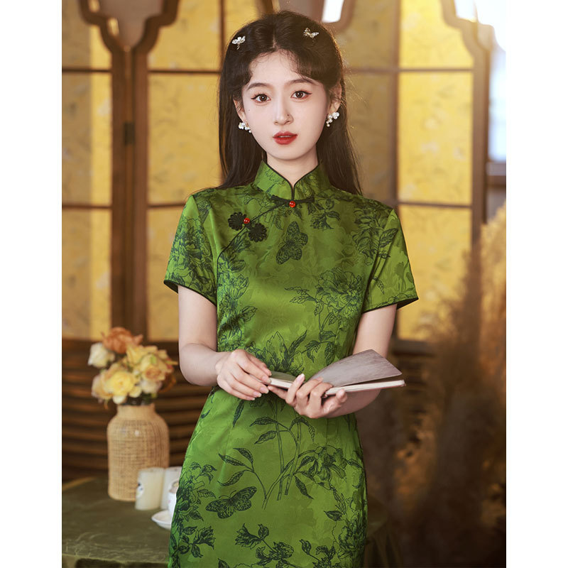 绿色旗袍女新中式夏季2024新款提花双层改良年轻款少女日常可穿