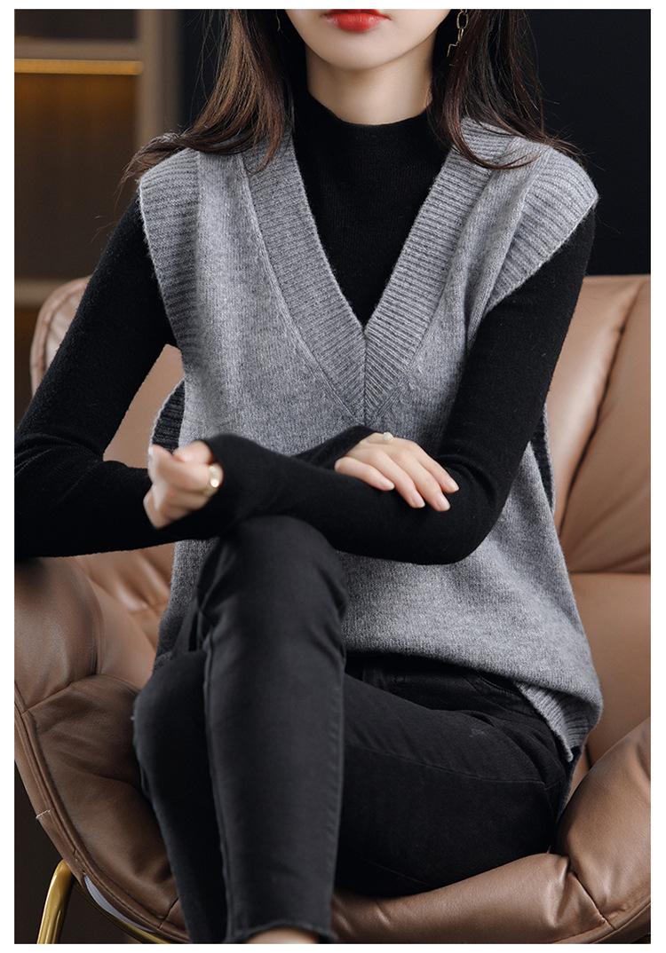 100%纯羊毛衫女v领针织马甲背心女外穿春季宽松无袖羊绒毛衣坎肩