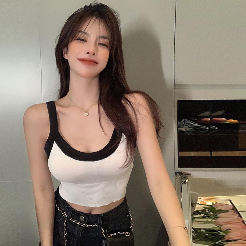 法式性感撞色露锁骨小吊带2022夏装新款短款显瘦打底单穿背心上衣