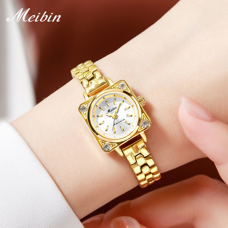 美宾meibin新款方圆手表镶钻时尚手链石英表抖音热卖女士手表女表
