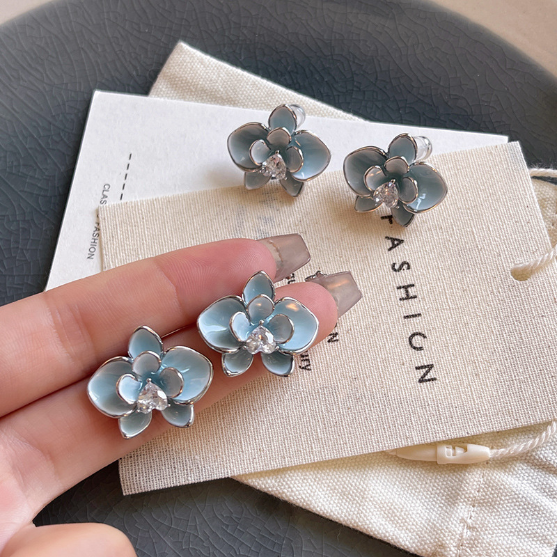 earrings niche high-grade 5a zircon stud earrings s925 sterling silver needle sea blue sapphire drip glazed flower earrings