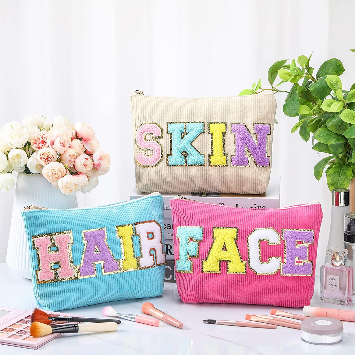 Factory Direct Supply Fashion Solid Color Towel Embroidery Corduroy Lettered Make-up Bag Women's Casual Large Capacity Storage Bag