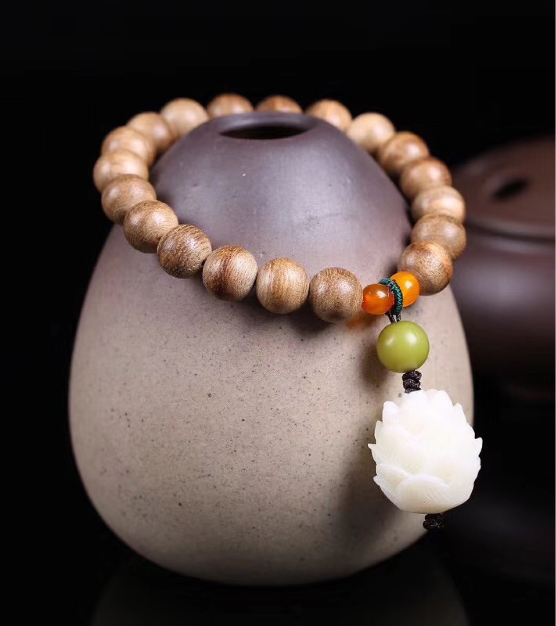 加里曼丹佛珠手串沉香木手链配雕刻莲花吊坠甜香醇厚高油性男女款