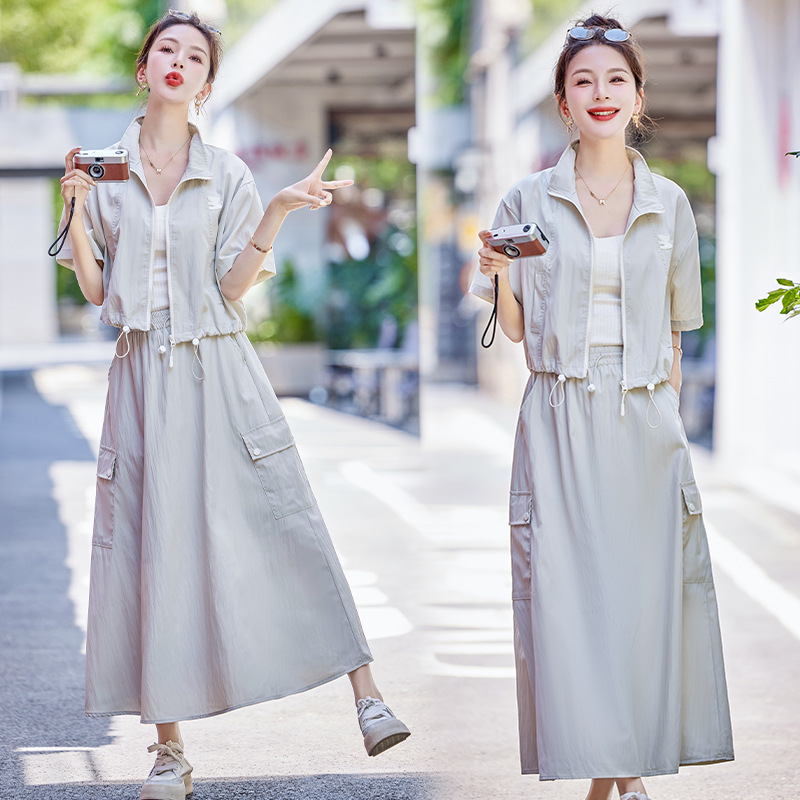 2024夏装新款女抽绳工装裙防晒衣两件套套裙-阿里巴巴