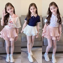 童装夏季韩国拼色学院风蓝Polo领短袖Ｔ恤和百搭百褶裙两件套装