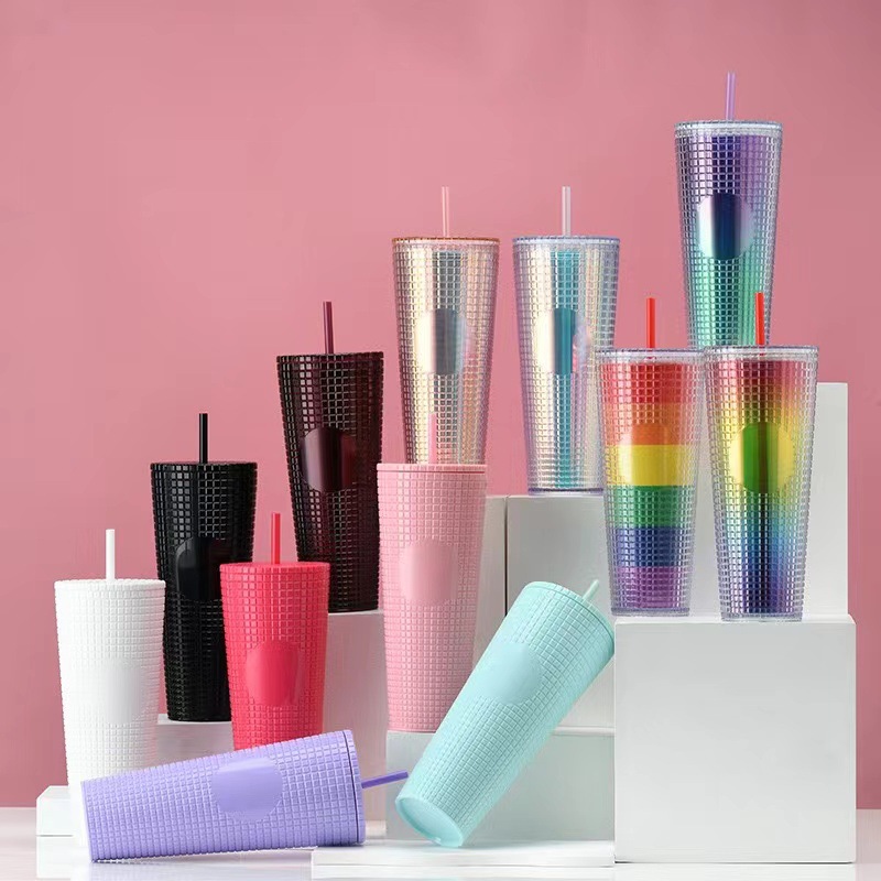 H182 Factory Direct Sales Cross-Border Double Plastic Straw Cup Large Capacity 750ml Durian Cup Color Portable Plastic