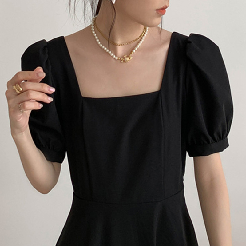 Black Dress for Women 2023 Summer New French Style Retro Elegant Square-Neck Cinched Long Hepburn Style Little Black Dress