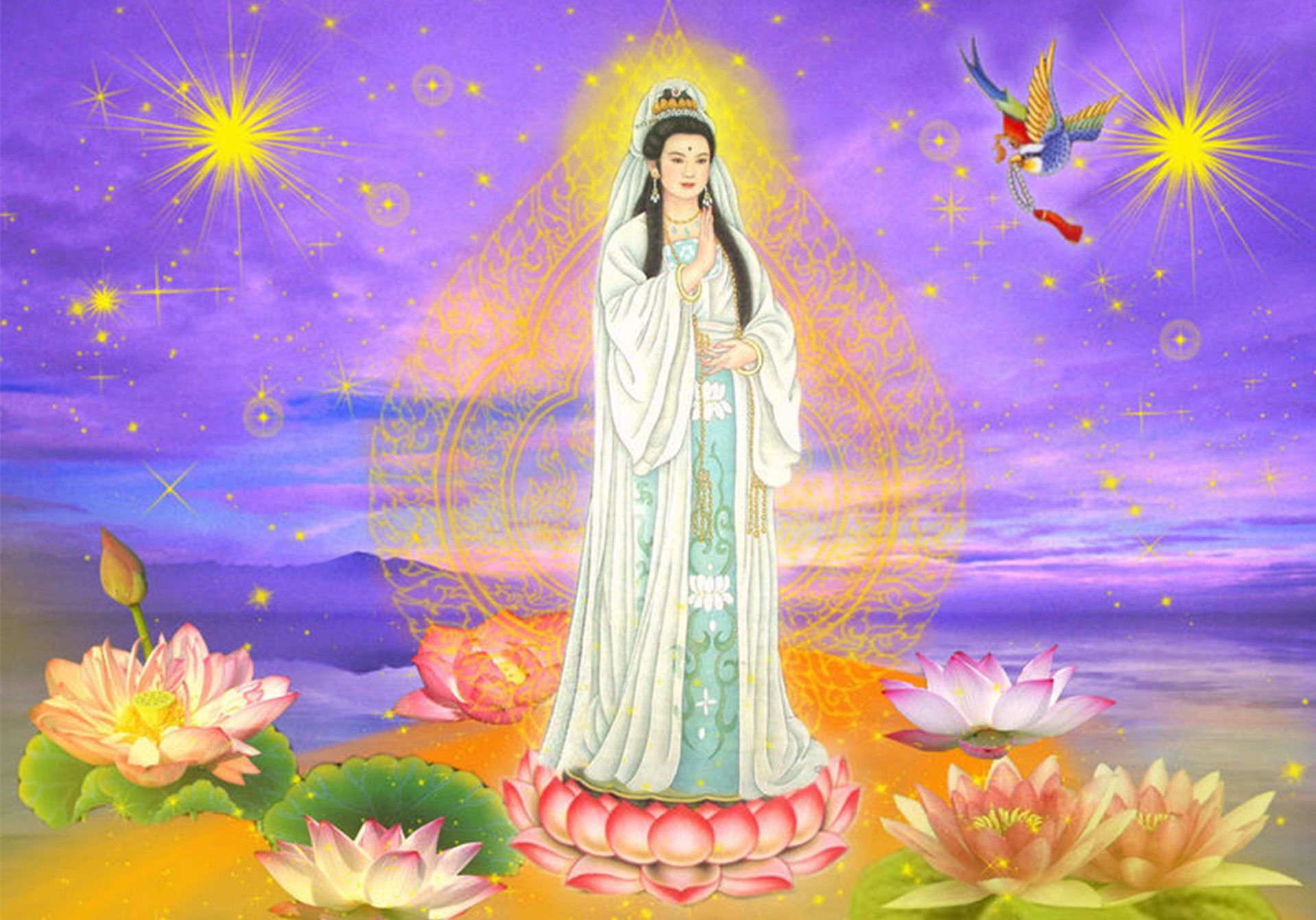 观音菩萨荷花宗教人物印花十字绣