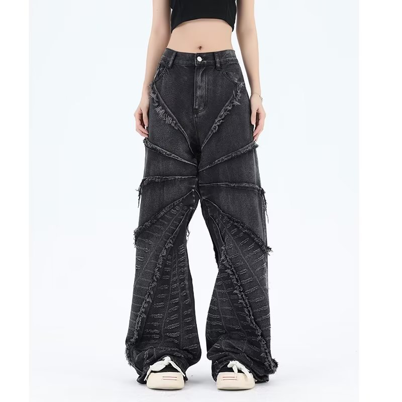 American Retro Destructive Spider Web Raw Hem Jeans Men's and Women's European and American Style Loose Trousers