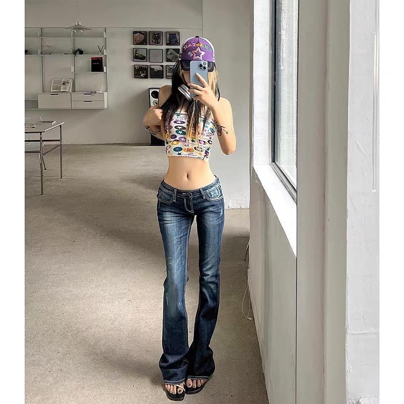 American Millennium Hot Girl Low Waist Slightly Flared Jeans Female 2023 Spring and Summer New Large Size Washed Horseshoe Mop Pants