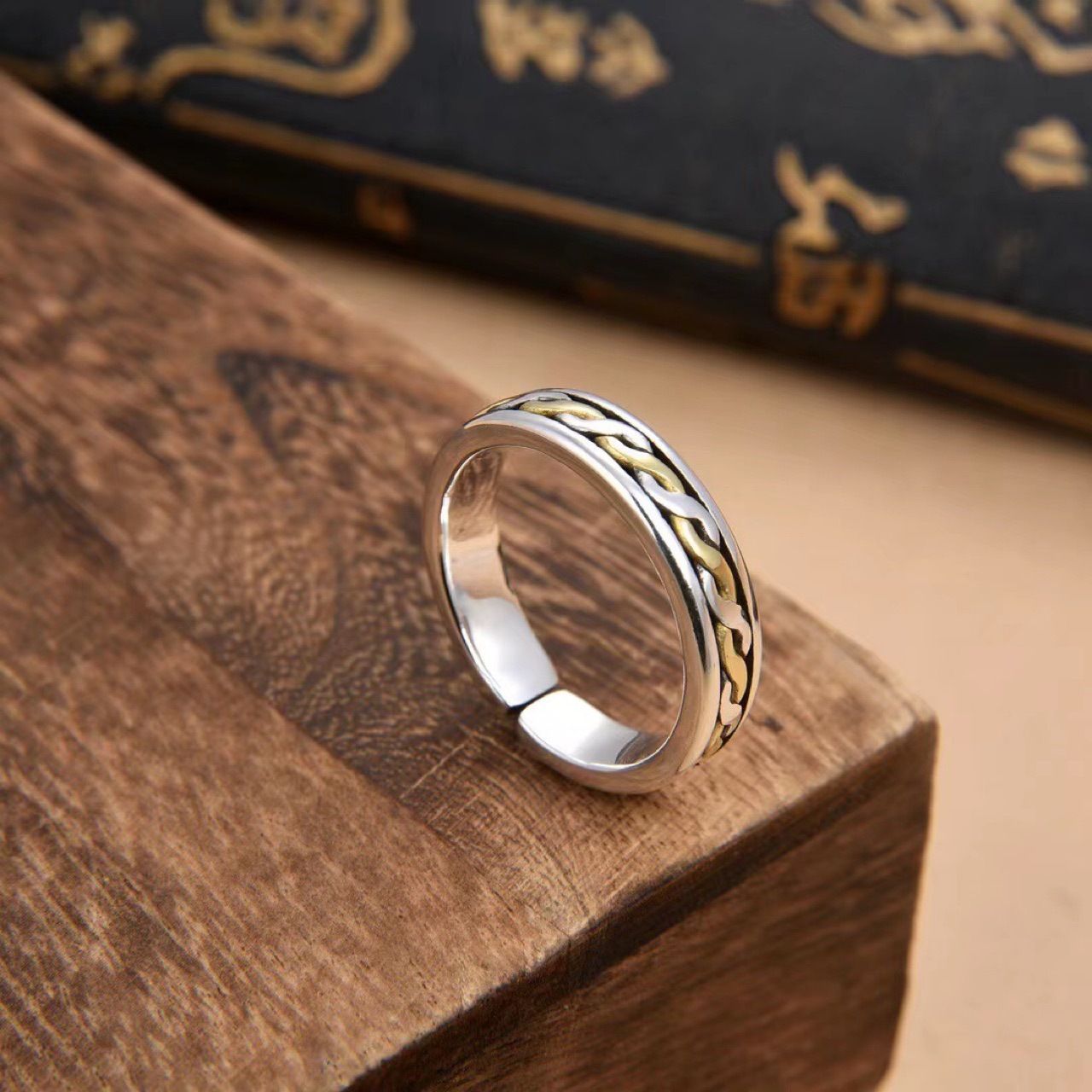 新款时尚双色情侣戒s925银戒指简约纽麻花纯手工双色编织开口戒指