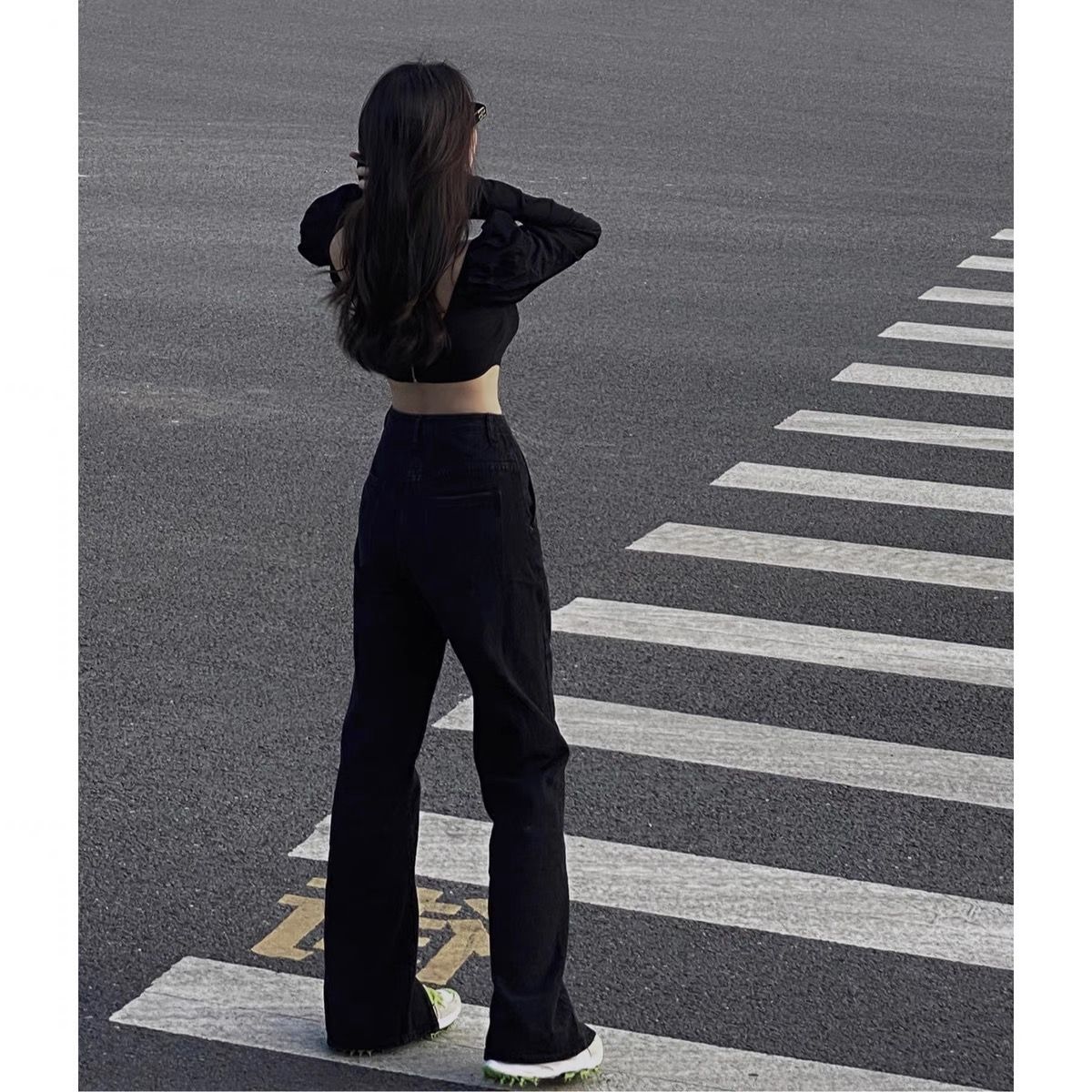   Chic Hong Kong Style Black Straight Trousers Jeans for Women Spring and Autumn 2022 New High Waist Figure Flattering Wide eg Pants Tide