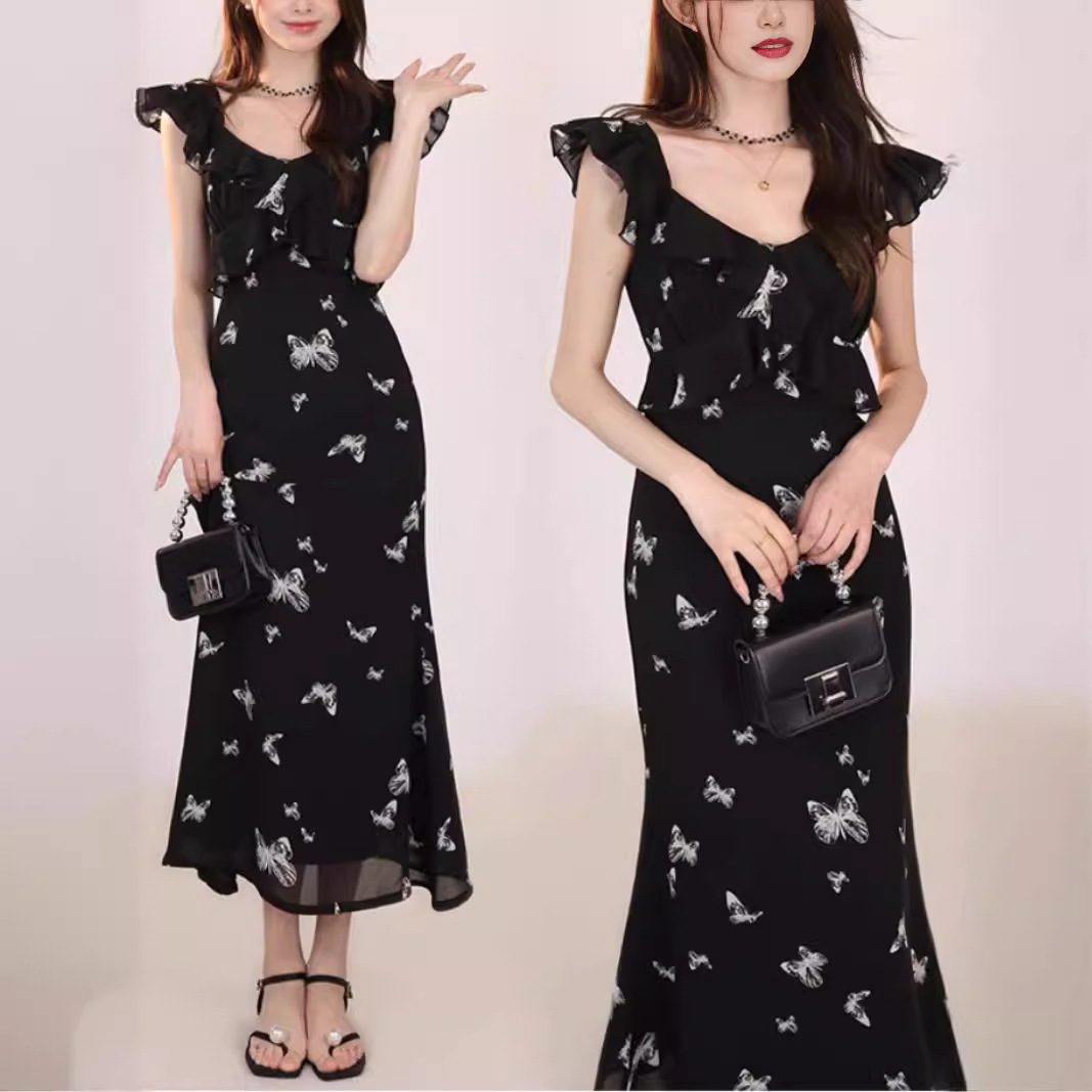 飞飞袖蝴蝶印花鱼尾裙黑色收腰中长款小个子无袖连衣裙女夏季