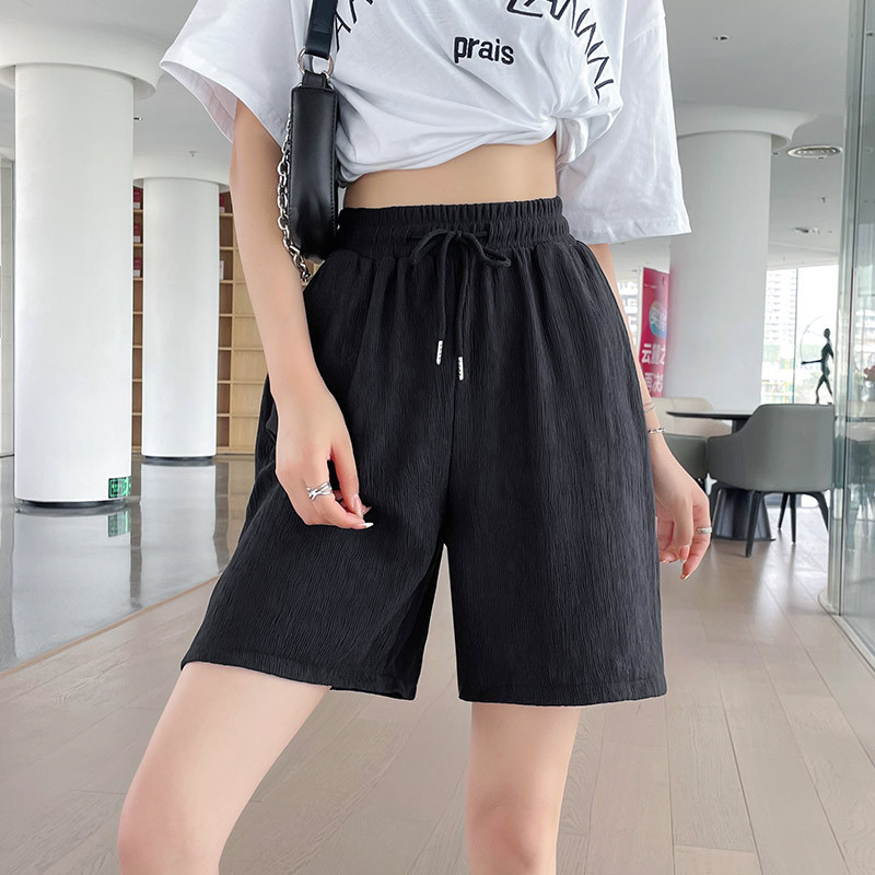 Pink Sports Shorts Women's Summer Thin Bark Wrinkle Loose Outer Wear Running Leisure Hot Pants High Waist Cropped Pants