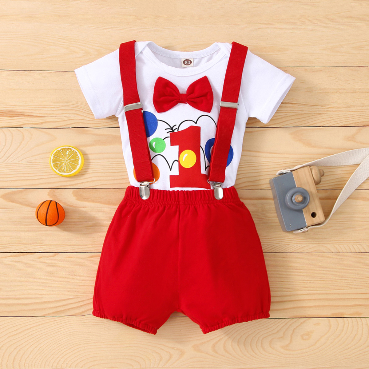 2023 Summer Baby Boys and Girls Baby Strap Short Sleeve Birthday Clothes Bow Number Printed Romper Two-Piece Set Baby Clothes