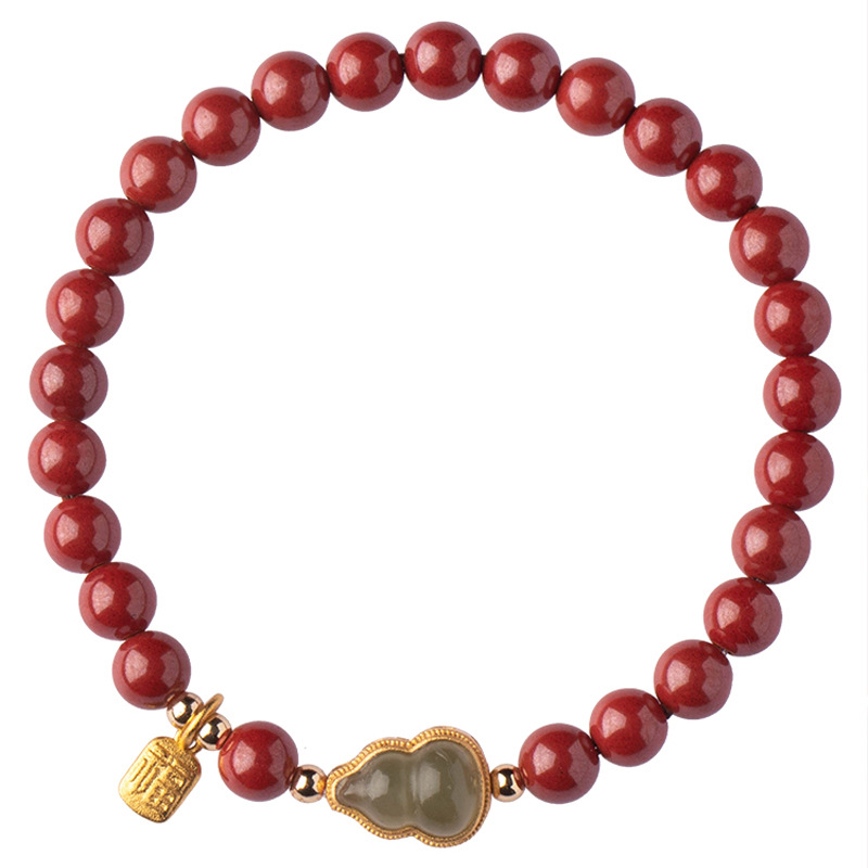 Cinnabar Bracelet Female Birth Year Safety Gourd Gold Inlaid with Jade Bracelet Fu Lu Fortune Ancient Style String Beads Summer Ornament